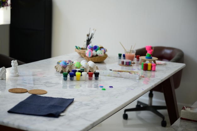 workshop table with embroidery